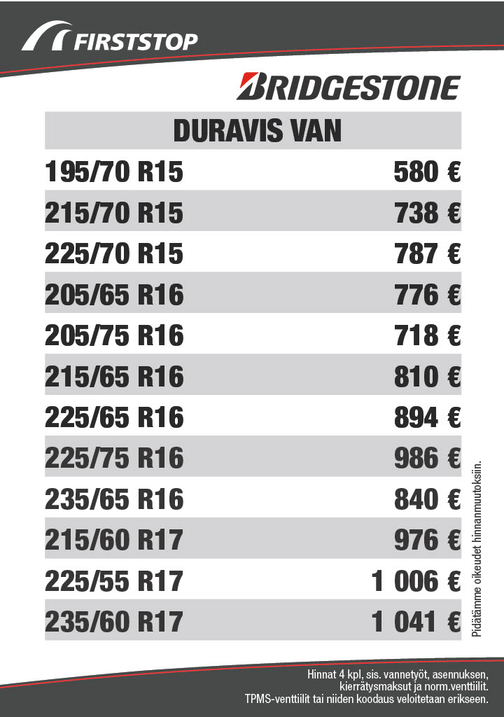 Bridgestone Duravis VAN hinnat
