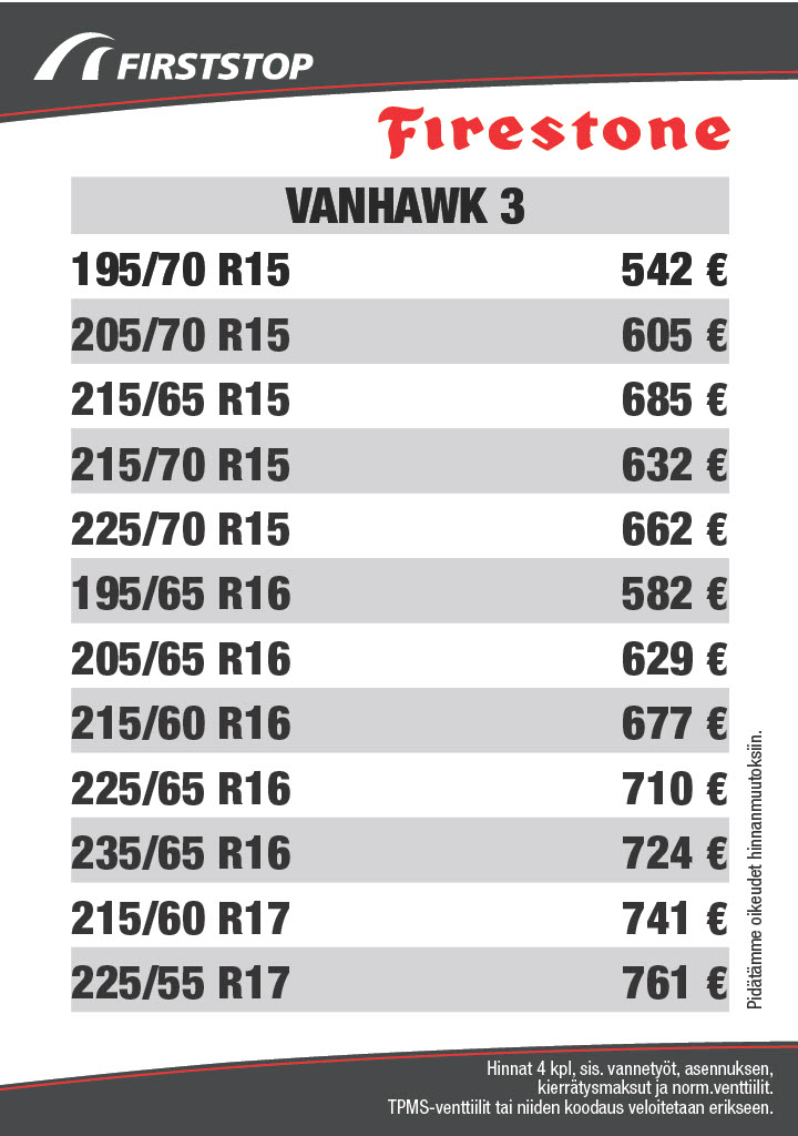 Firestone Vanhawk 3 hinnat