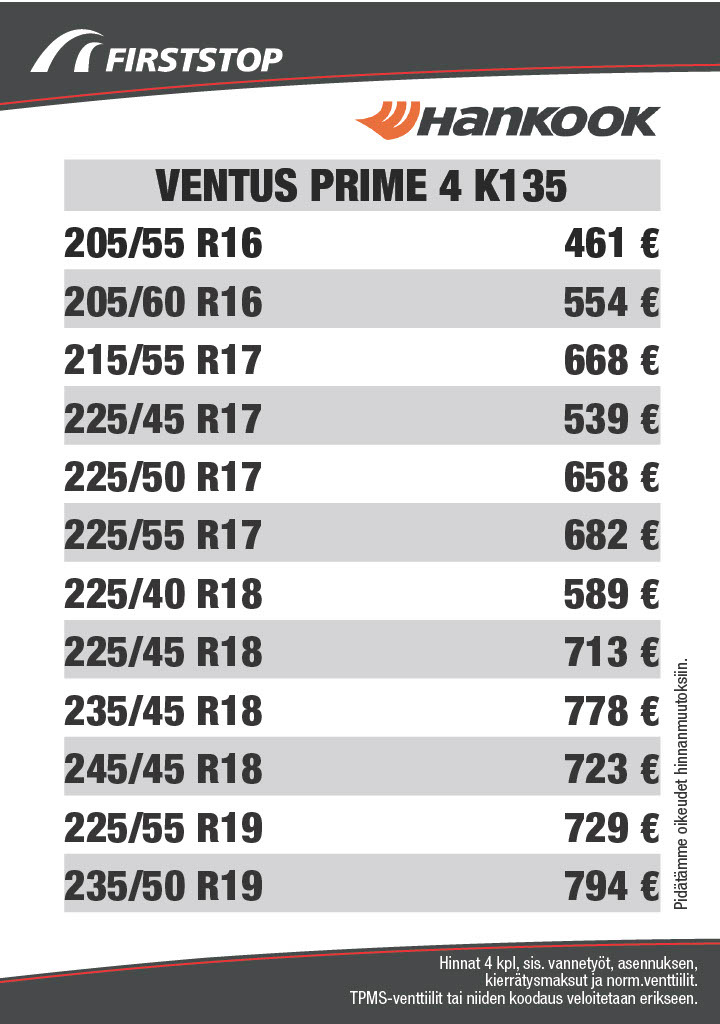 Hankook Ventus Prime 4 hinnat